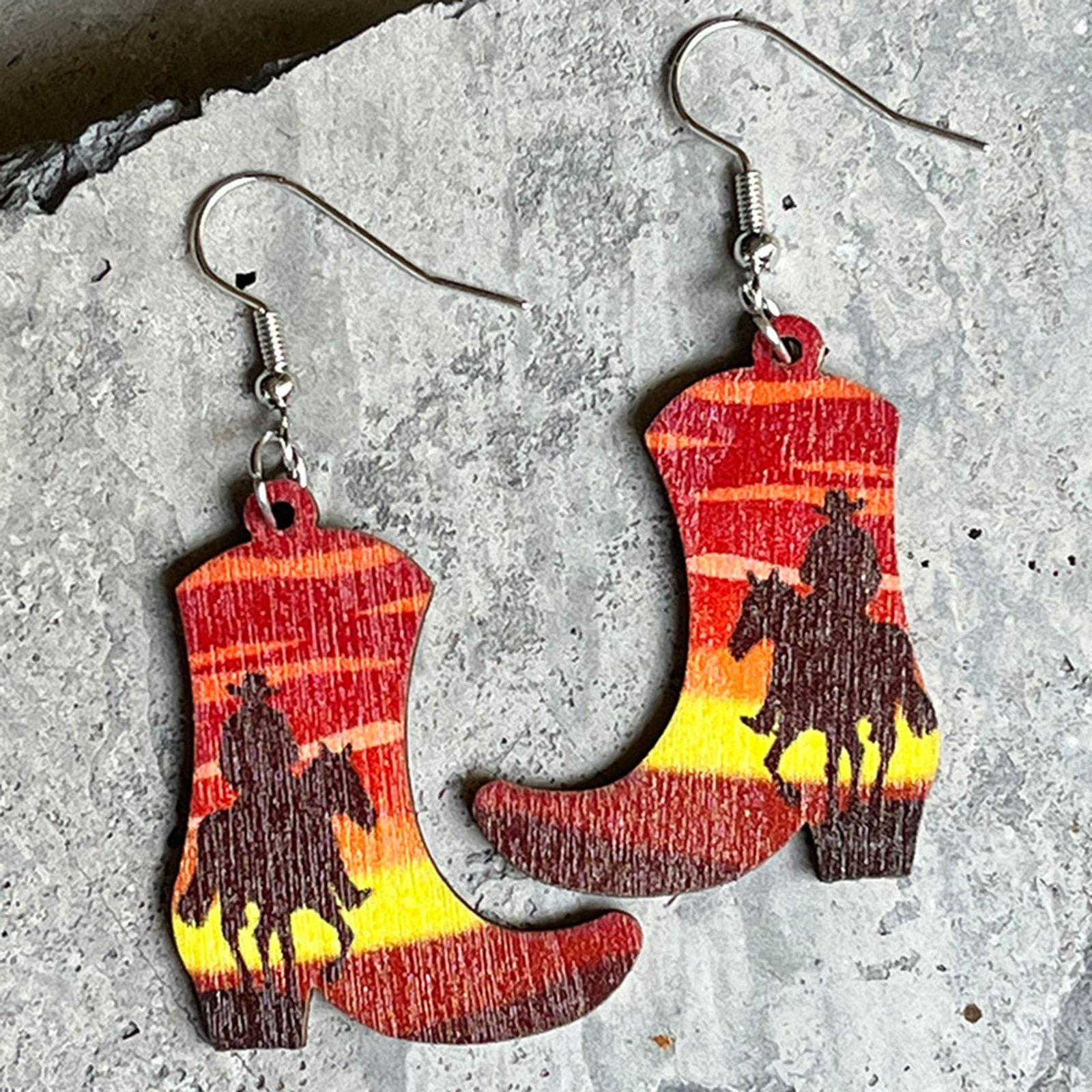 Picture of Wood West Cowboy Earrings Silver Tone Orange-red Boots Horse 6cm, 1 Pair