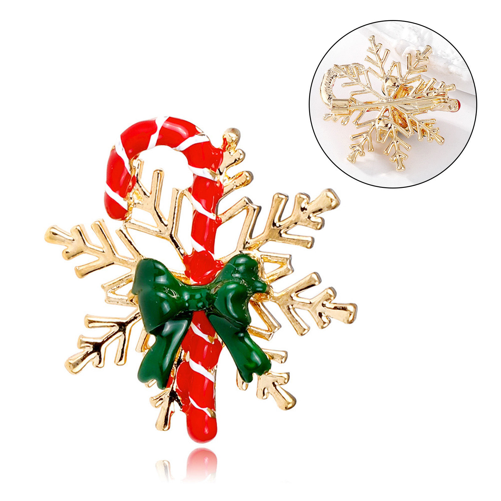 Picture of Retro Pin Brooches Christmas Candy Cane Snowflake Gold Plated Pink & Green Enamel 3.1cm x 2.8cm, 1 Piece