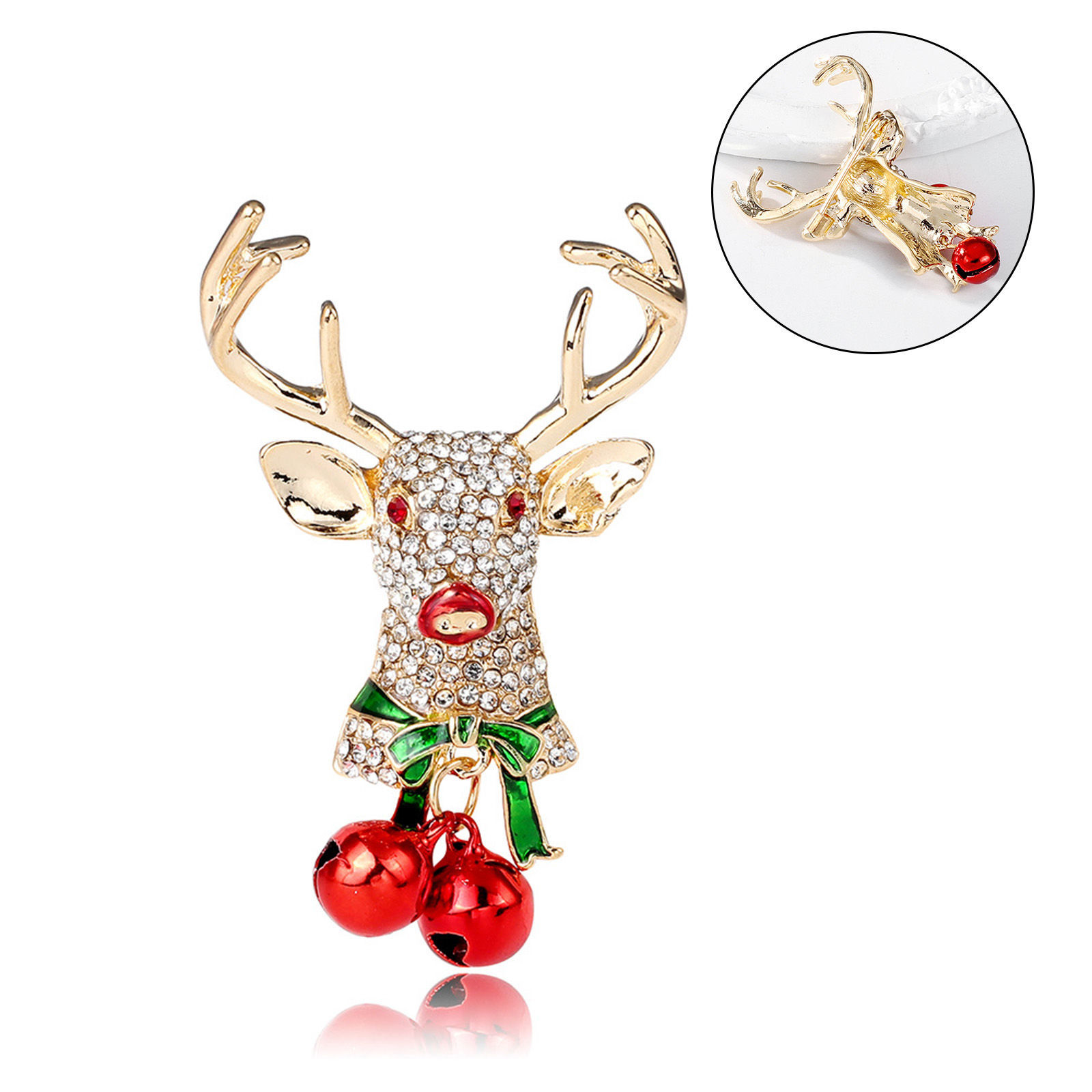 Picture of Retro Pin Brooches Christmas Reindeer Bell Gold Plated Red & Green Enamel Clear Rhinestone 5.3cm x 3.8cm, 1 Piece