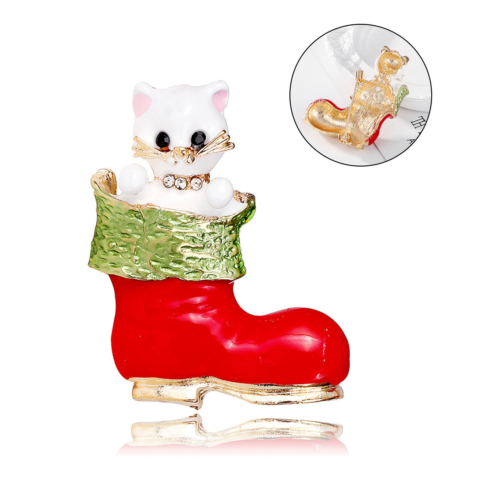 Picture of Retro Pin Brooches Christmas Stocking Cat Gold Plated Multicolor Enamel 4.3cm x 3.7cm, 1 Piece