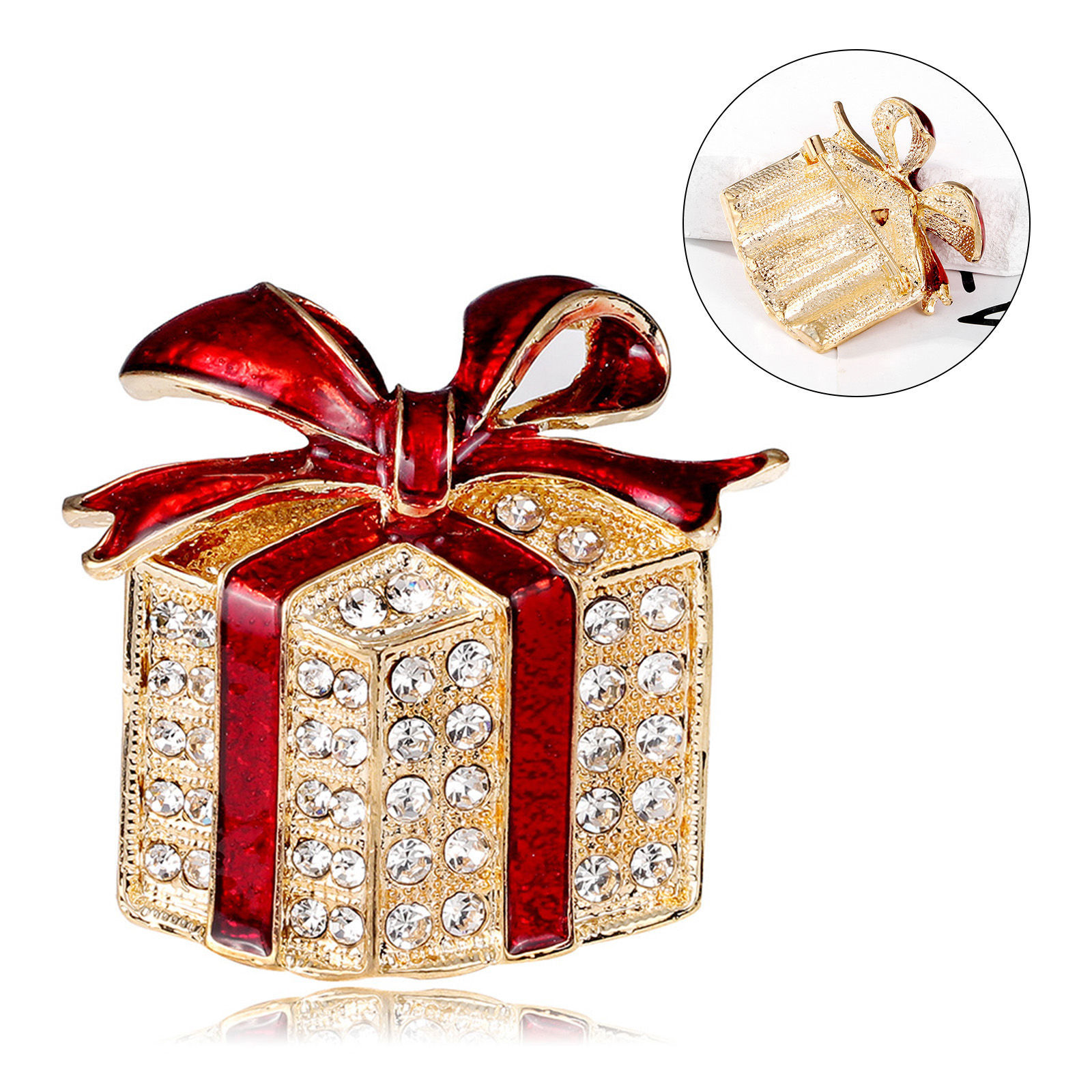 Picture of Retro Pin Brooches Christmas Gift Bag Bowknot Gold Plated Red Enamel Clear Rhinestone 4.3cm x 4.2cm, 1 Piece
