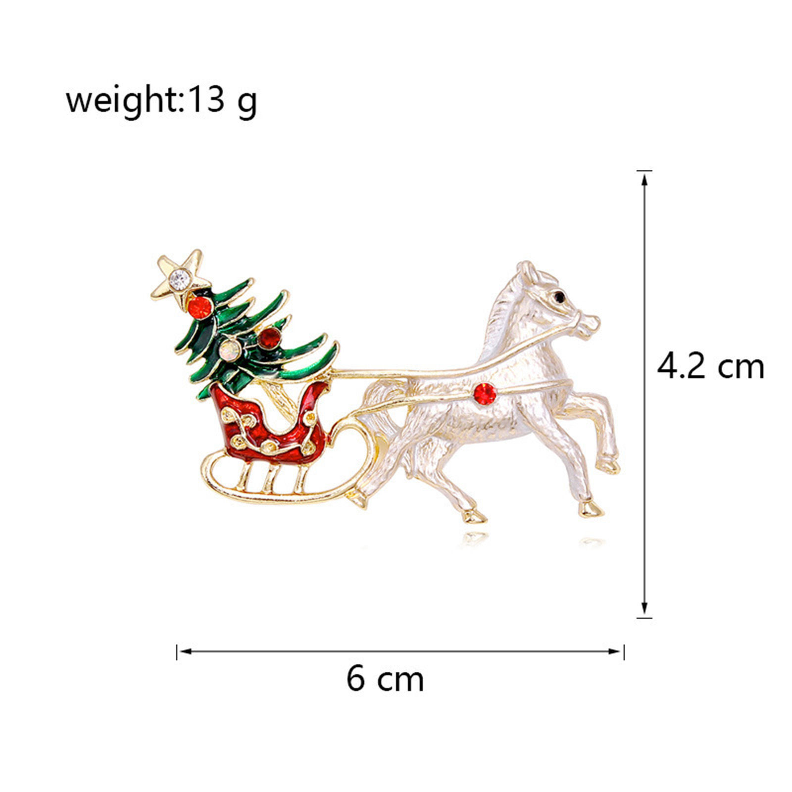 Picture of Retro Pin Brooches Carriage Christmas Tree Gold Plated White & Green Enamel Red Rhinestone 6cm x 4.2cm, 1 Piece