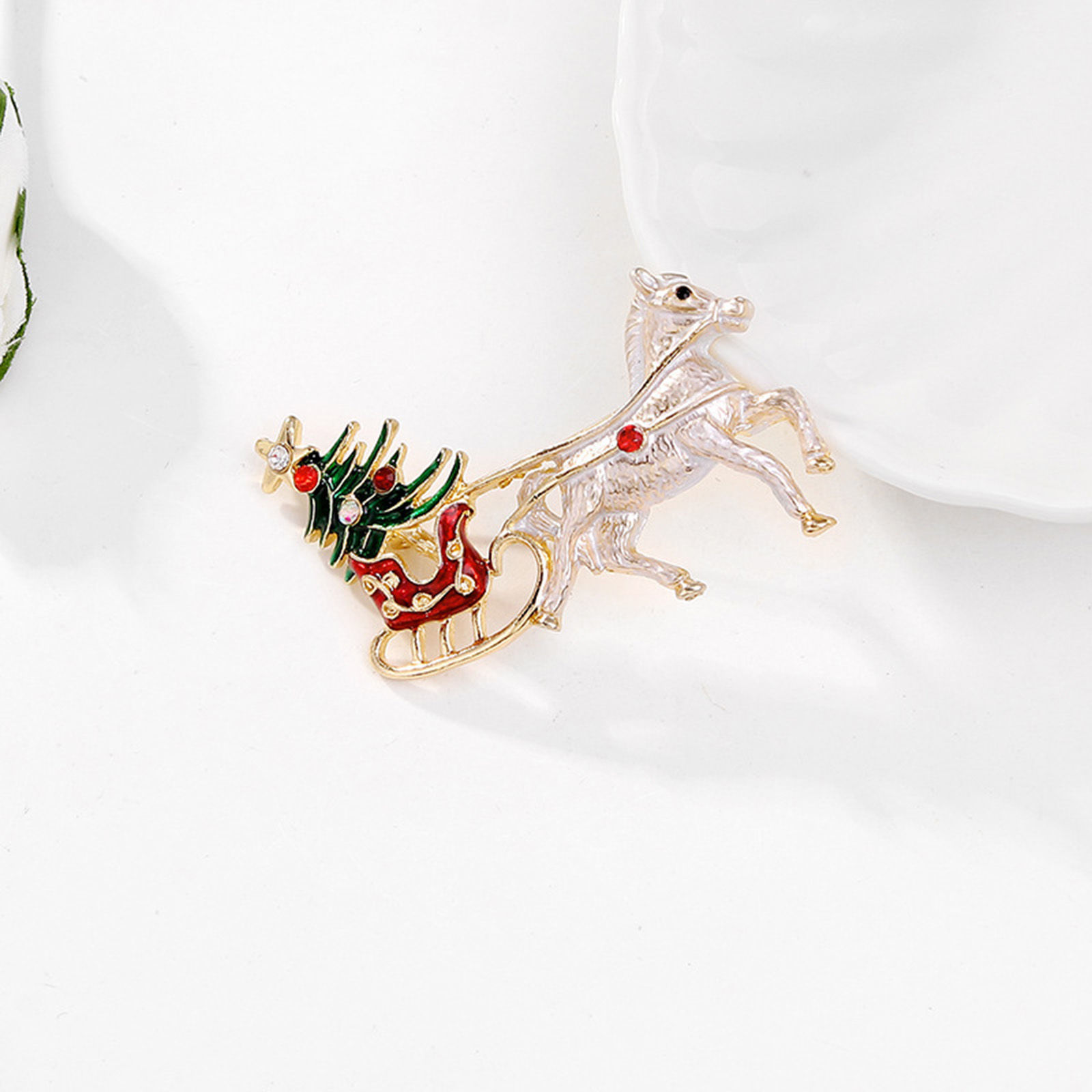 Picture of Retro Pin Brooches Carriage Christmas Tree Gold Plated White & Green Enamel Red Rhinestone 6cm x 4.2cm, 1 Piece