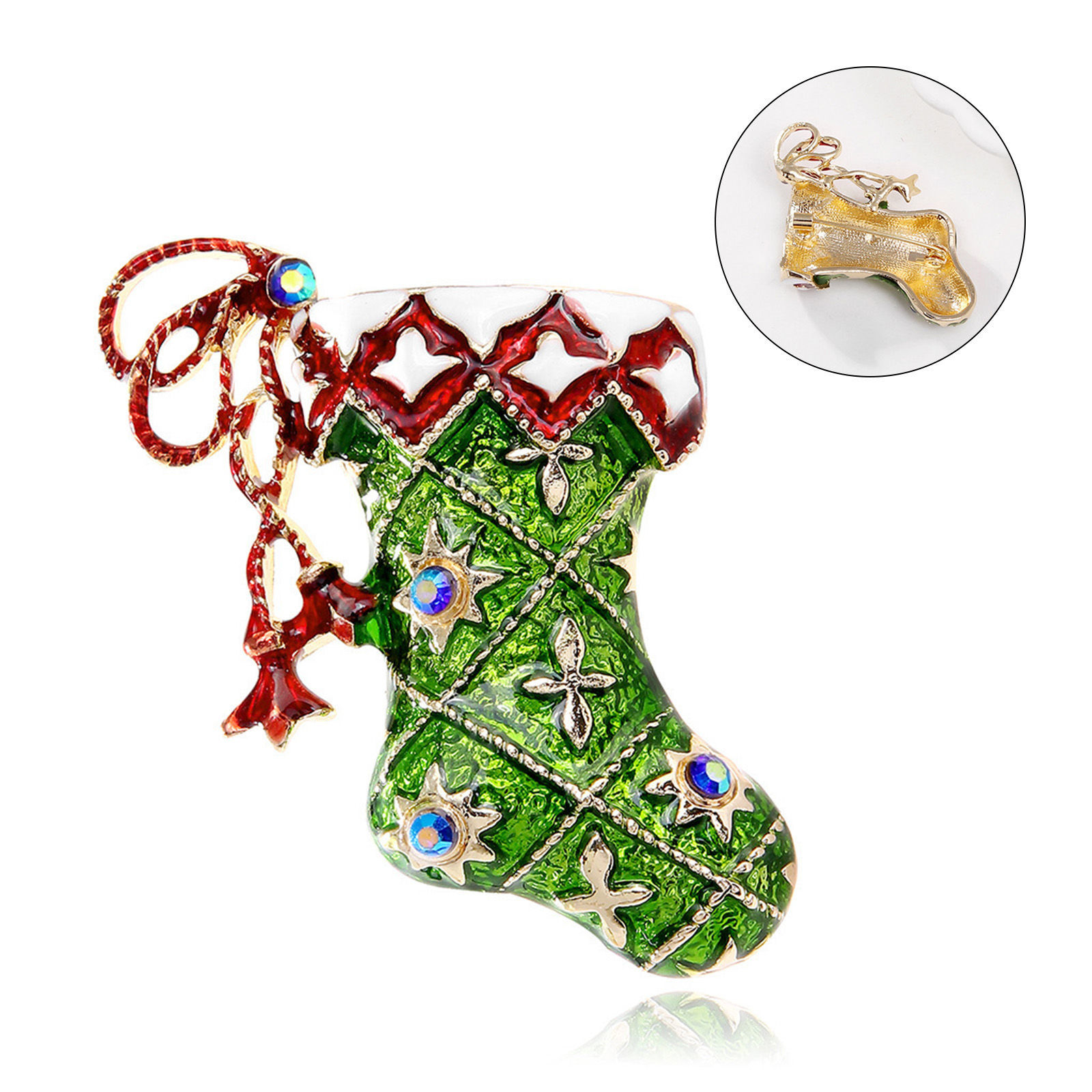 Picture of Retro Pin Brooches Christmas Stocking Rhombus Gold Plated Green Enamel 4.2cm x 4cm, 1 Piece