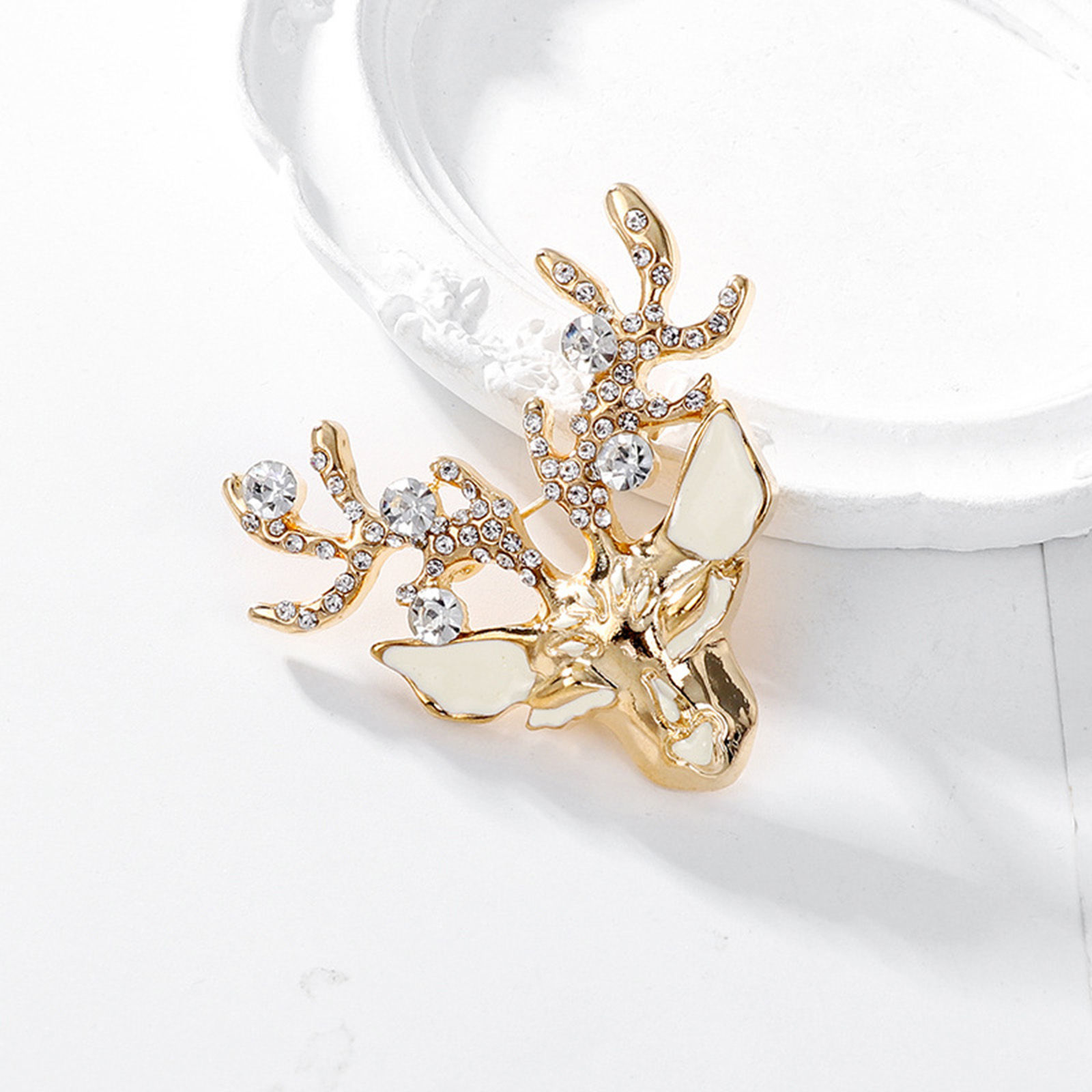 Picture of Retro Pin Brooches Christmas Reindeer Gold Plated Clear Rhinestone 5.3cm x 4.9cm, 1 Piece