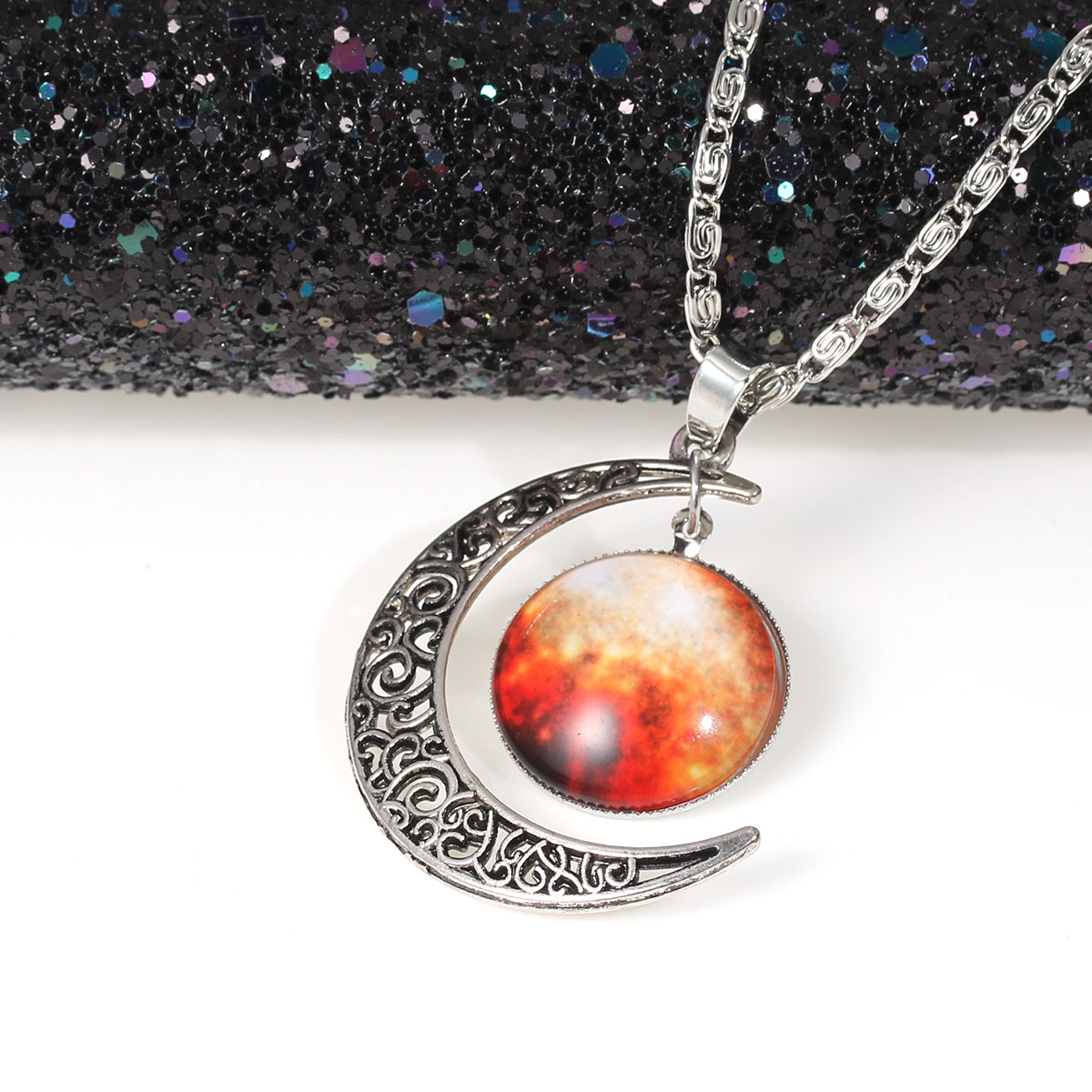 Picture of New Fashion Galaxy Universe Crescent Moon Glass Cabochon Pendant Necklace Scroll Chain Antique Silver Multicolor 47.0cm(18 4/8") long, 1 Piece