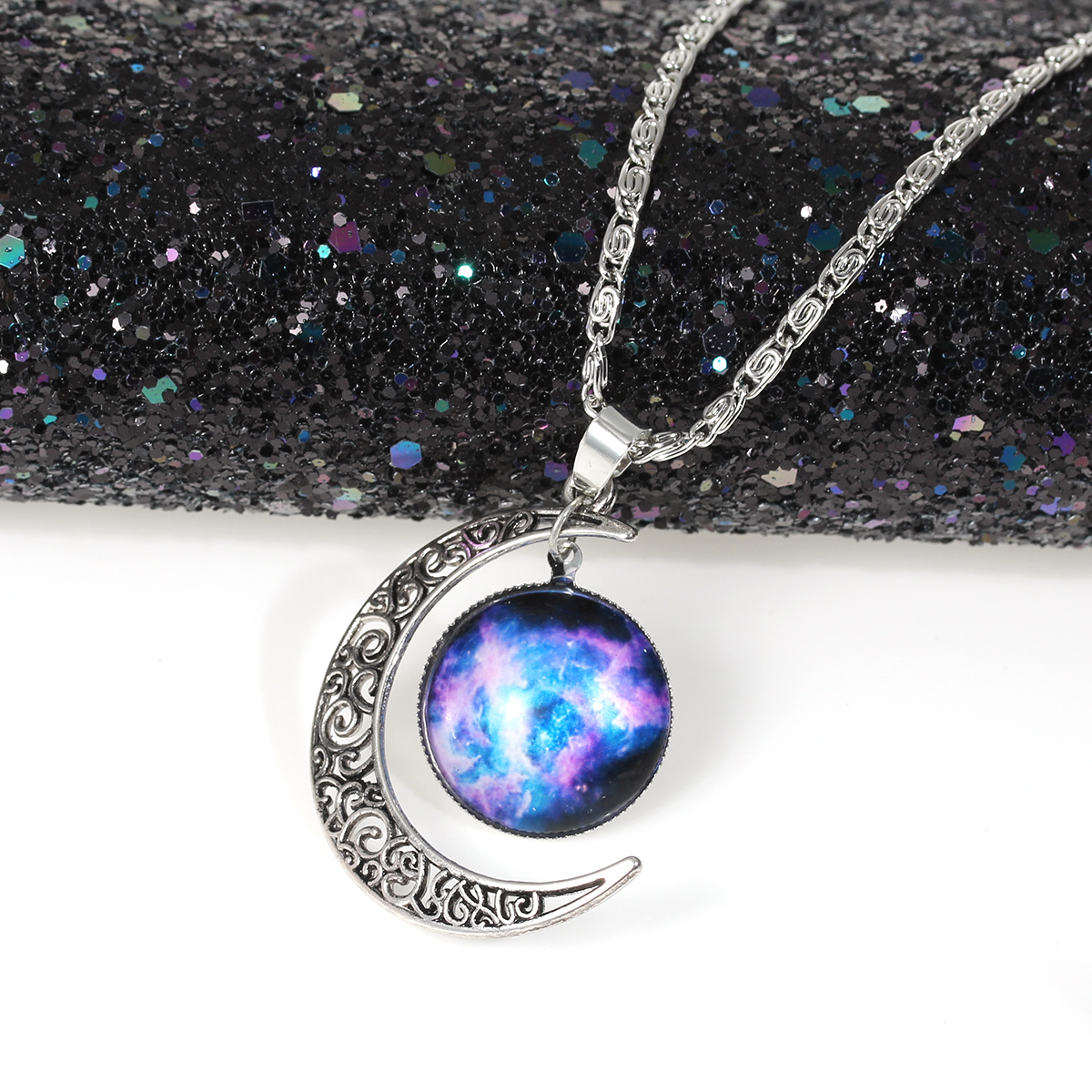 Picture of New Fashion Galaxy Universe Crescent Moon Glass Cabochon Pendant Necklace Scroll Chain Silver Tone Multicolor 47.0cm(18 4/8") long, 1 Piece