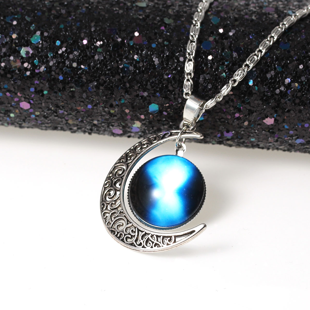 Picture of New Fashion Galaxy Universe Crescent Moon Glass Cabochon Pendant Necklace Scroll Chain Silver Tone Multicolor 47.0cm(18 4/8") long, 1 Piece