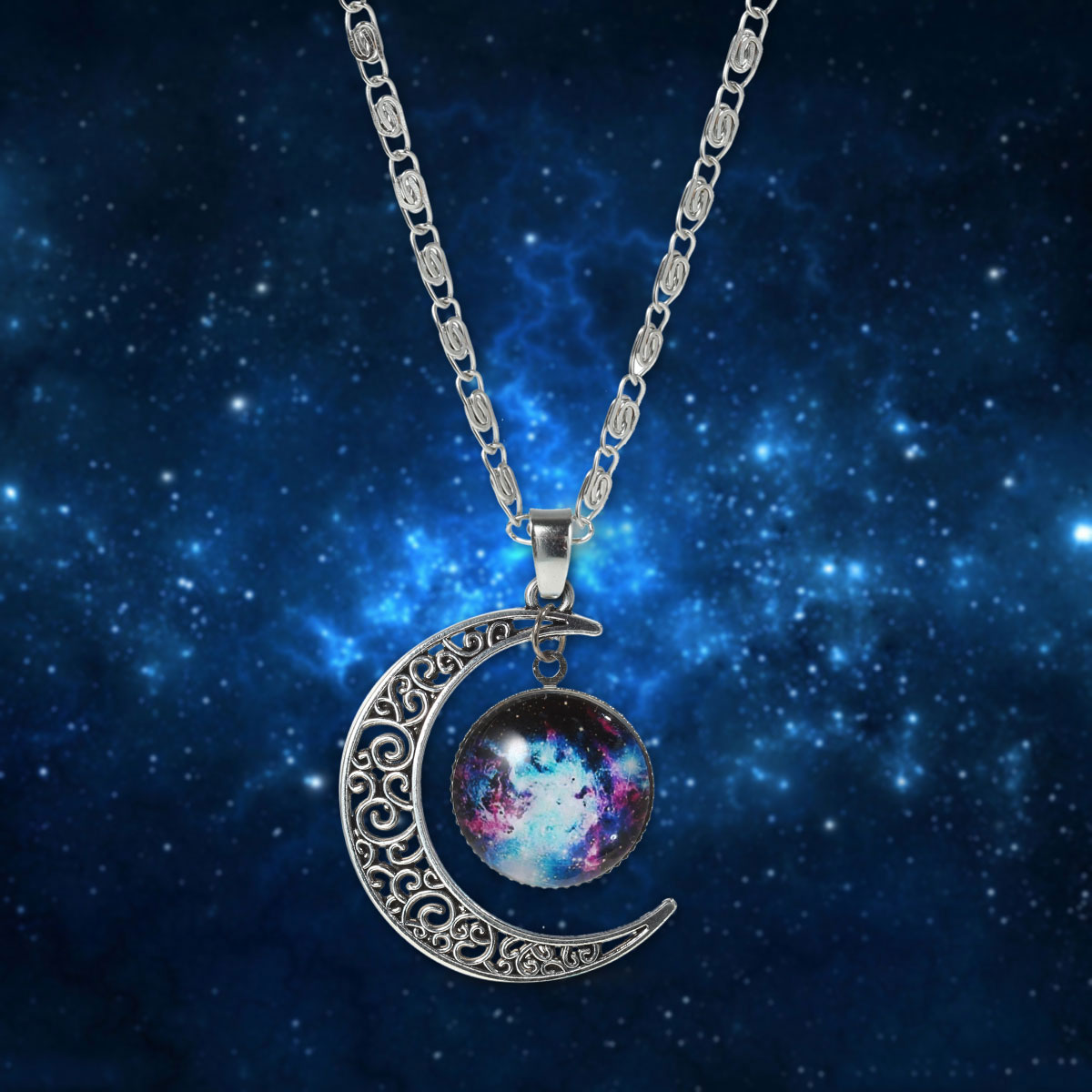 Picture of New Fashion Galaxy Universe Crescent Moon Glass Cabochon Pendant Necklace Scroll Chain Silver Tone Multicolor 46.5cm(18 2/8") long, 1 Piece