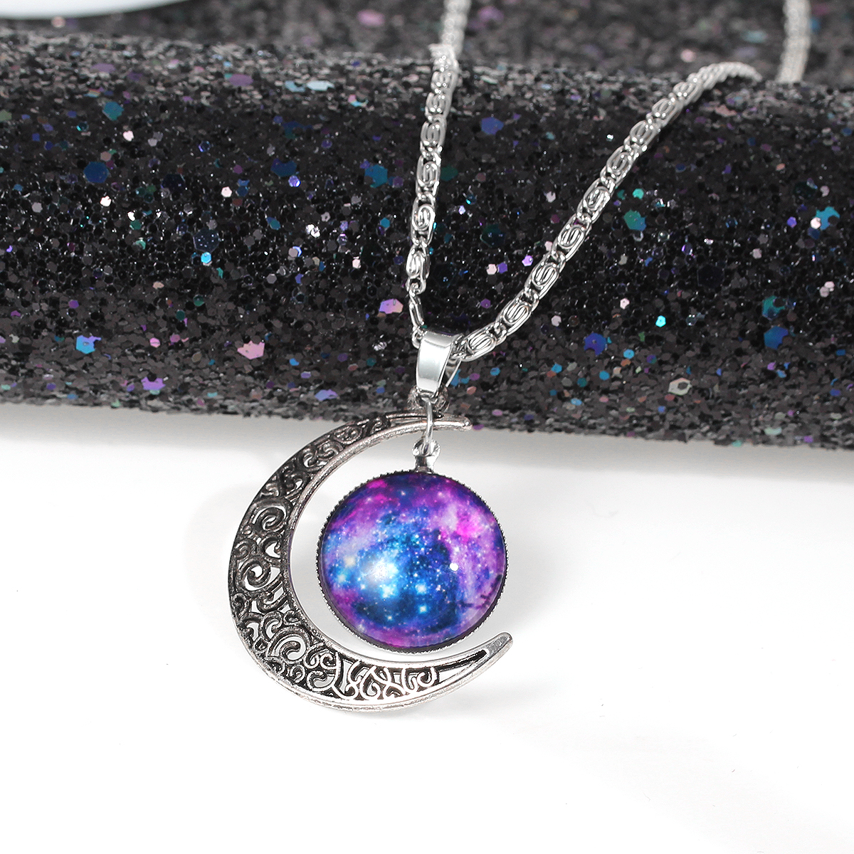 Picture of New Fashion Galaxy Universe Crescent Moon Glass Cabochon Pendant Necklace Scroll Chain Silver Tone Multicolor 47.0cm(18 4/8") long, 1 Piece