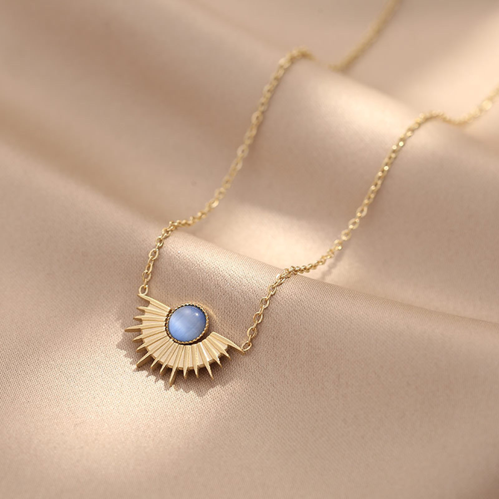 Picture of Eco-friendly Stylish Galaxy 14K Real Gold Plated Blue 304 Stainless Steel Link Cable Chain Half Round Sun Pendant Necklace For Women 40cm(15 6/8") long, 1 Piece