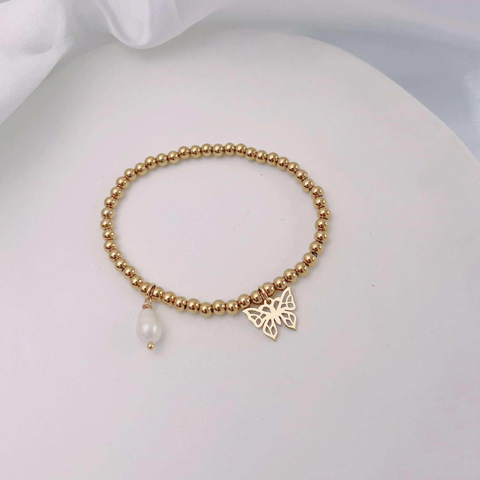 Picture of Eco-friendly Dainty Insect 18K Gold Color 304 Stainless Steel & Natural Pearl Butterfly Animal Elastic Charm Bracelets For Women Anniversary 18cm(7 1/8") long, 1 Piece