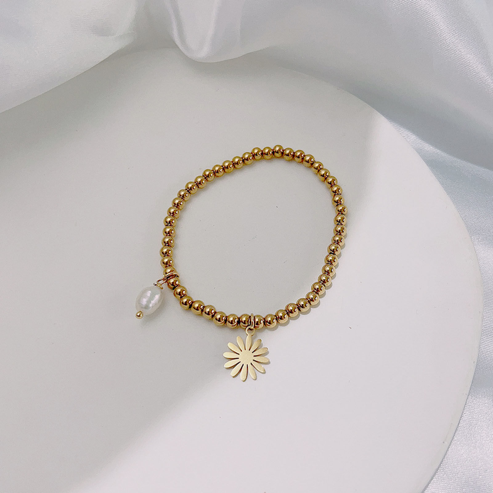 Picture of Eco-friendly Dainty Simple 18K Gold Color 304 Stainless Steel & Natural Pearl Daisy Flower Elastic Charm Bracelets For Women Anniversary 18cm(7 1/8") long, 1 Piece