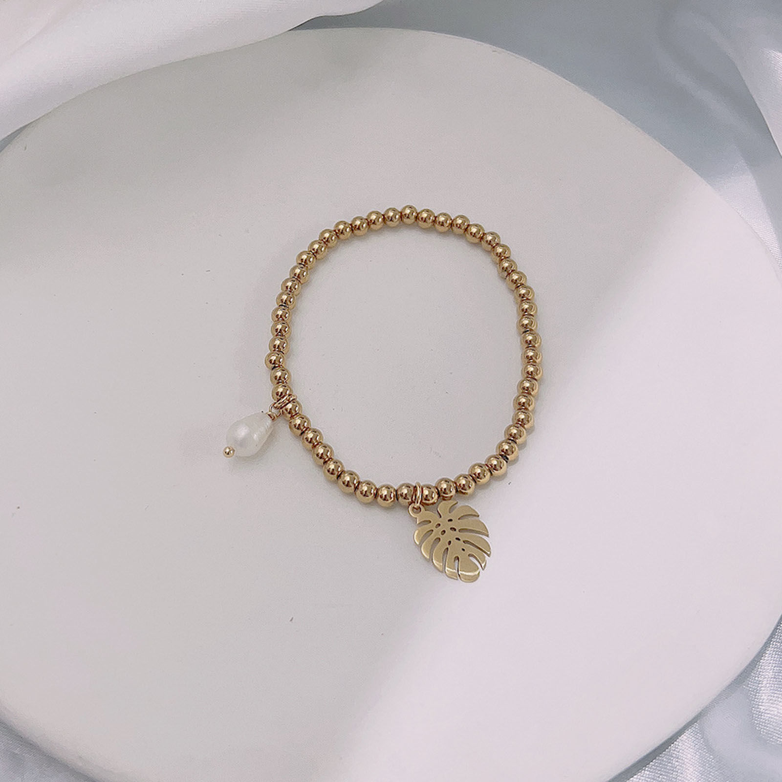 Picture of Eco-friendly Dainty Simple 18K Gold Color 304 Stainless Steel & Natural Pearl Leaf Elastic Charm Bracelets For Women Anniversary 18cm(7 1/8") long, 1 Piece