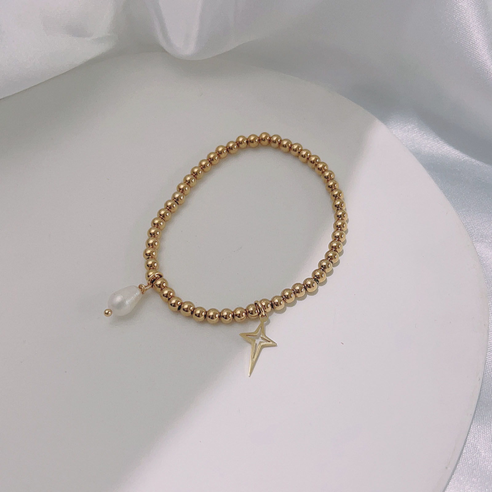 Picture of Eco-friendly Dainty Galaxy 18K Gold Color 304 Stainless Steel & Natural Pearl Four-pointed star Elastic Charm Bracelets For Women Anniversary 18cm(7 1/8") long, 1 Piece