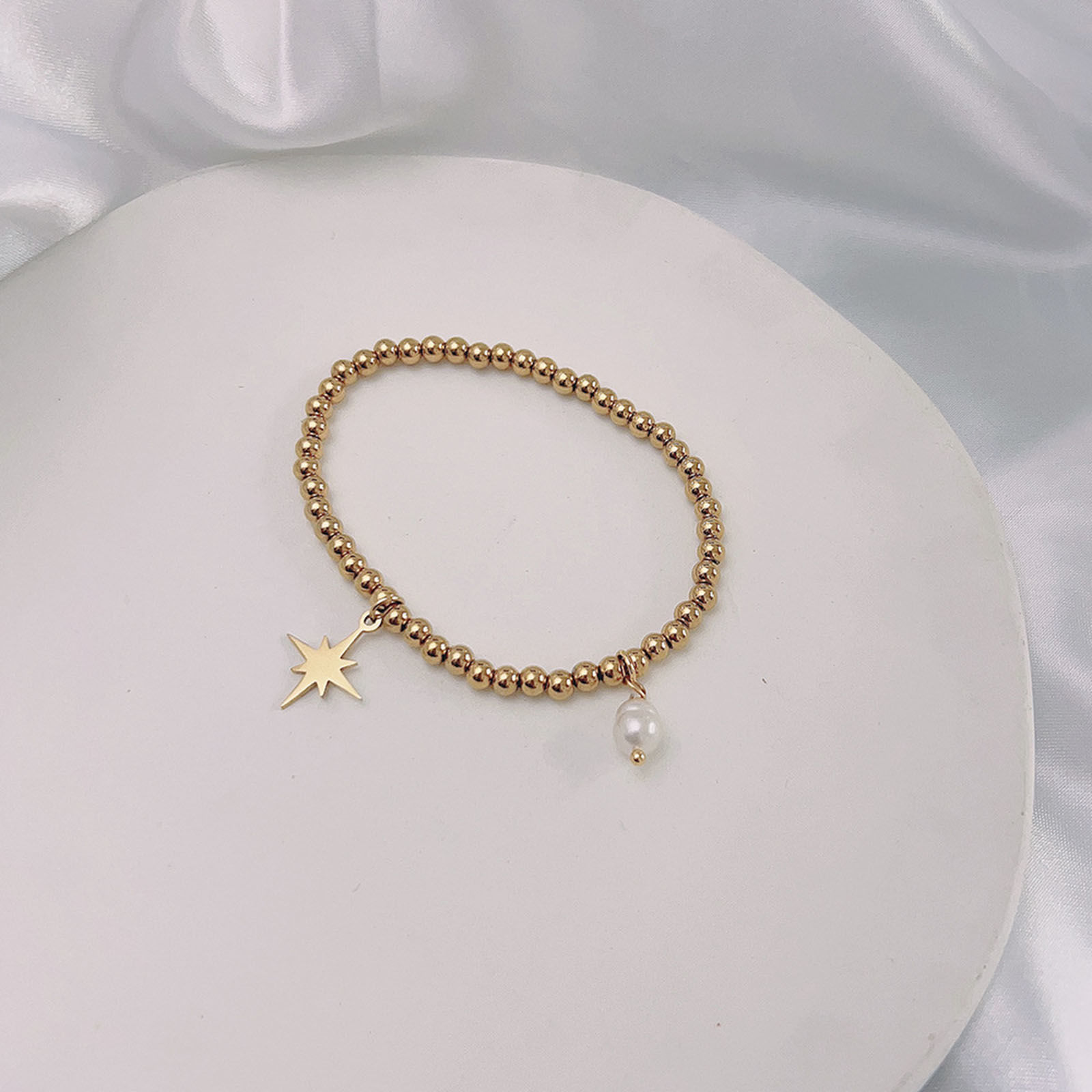 Picture of Eco-friendly Dainty Galaxy 18K Gold Color 304 Stainless Steel & Natural Pearl Eight Pointed Star Elastic Charm Bracelets For Women Anniversary 18cm(7 1/8") long, 1 Piece