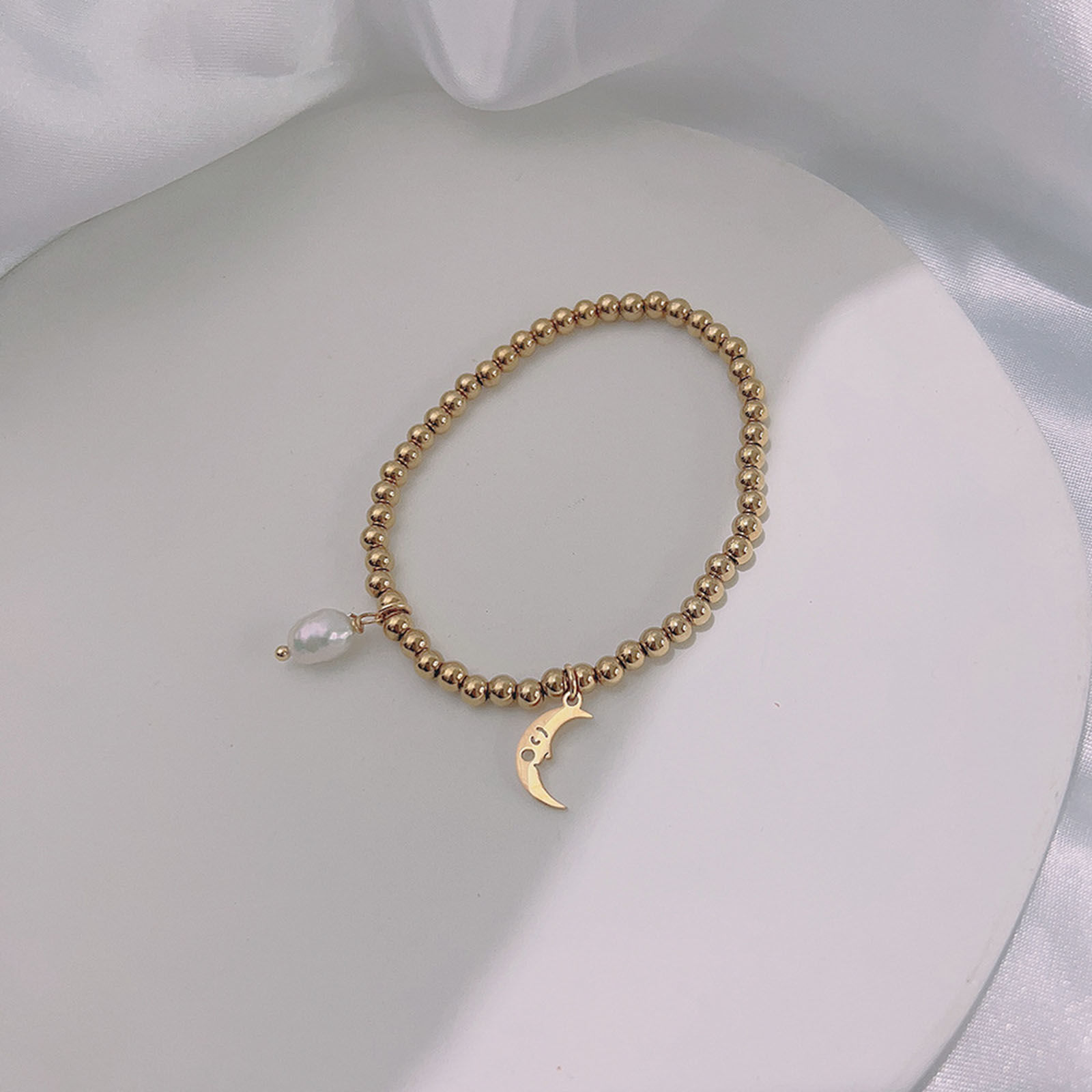 Picture of Eco-friendly Dainty Galaxy 18K Gold Color 304 Stainless Steel & Natural Pearl Moon Face Elastic Charm Bracelets For Women Anniversary 18cm(7 1/8") long, 1 Piece