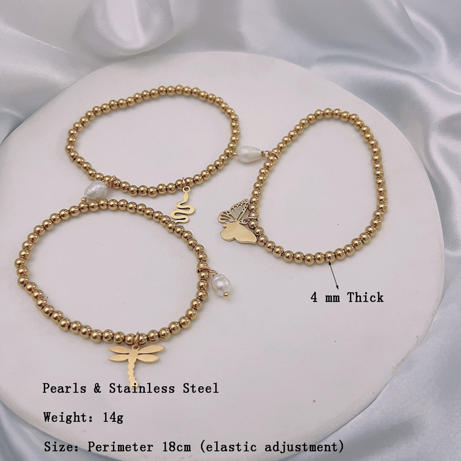 Picture of Eco-friendly Dainty Simple 18K Gold Color 304 Stainless Steel & Natural Pearl Dog Paw Claw Elastic Charm Bracelets For Women Anniversary 18cm(7 1/8") long, 1 Piece
