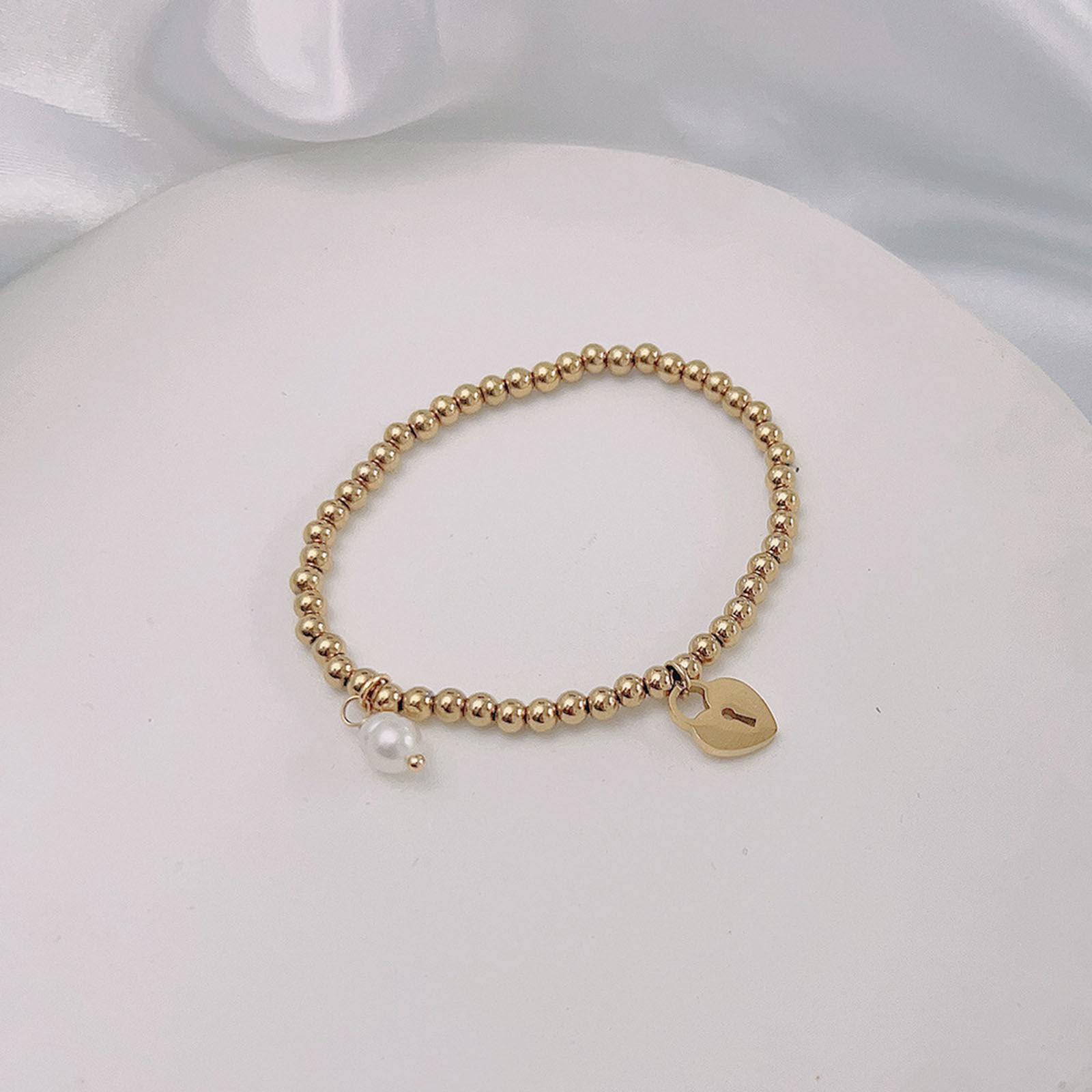 Picture of Eco-friendly Dainty Simple 18K Gold Color 304 Stainless Steel & Natural Pearl Lock Elastic Charm Bracelets For Women Anniversary 18cm(7 1/8") long, 1 Piece