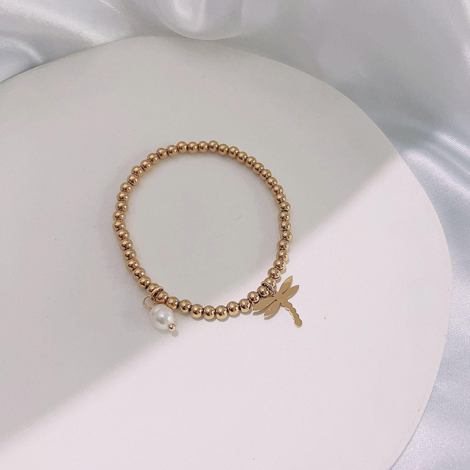 Picture of Eco-friendly Dainty Insect 18K Gold Color 304 Stainless Steel & Natural Pearl Dragonfly Animal Elastic Charm Bracelets For Women Anniversary 18cm(7 1/8") long, 1 Piece