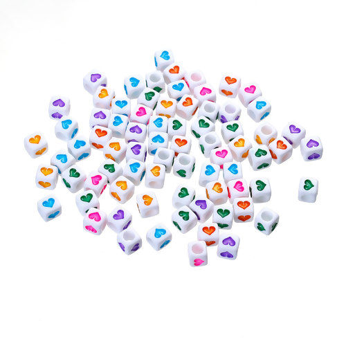 Picture of Acrylic Bubblegum Beads Square White Heart Pattern At Random Enamel About 6mm x 6mm, Hole: Approx 3.5mm, 300 PCs