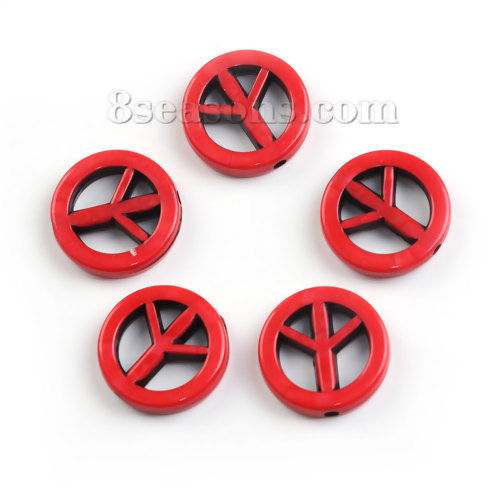 Picture of Acrylic Beads Peace Symbol Red About 17mm Dia, Hole: Approx 1.7mm, 100 PCs