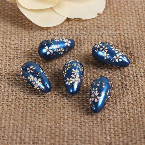 Immagine di Acrilato Separatori Pittura Giapponese Vintage Tensha Perline Fiore di Sakura Blu Marino Goccia Disegno Circa 22mm x 11mm, Foro: Circa 1.4mm, 5 Pz