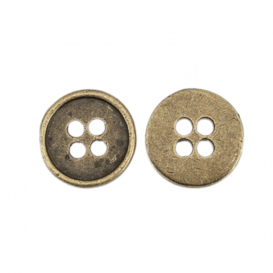 Immagine di Lega di Zinco Bottone da Cucire Metallo Bottone Tondo Tono del Bronzo Quattro Fori Senza Cadmio 13mm Dia, 9 Pz
