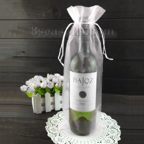 Picture of Wedding Gift Organza Jewelry Wine Bags Drawstring Rectangle White (Usable Space: 32x14.5cm) 37cm(14 5/8") x 14.5cm(5 6/8"), 5 PCs