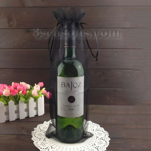 Picture of Wedding Gift Organza Jewelry Wine Bags Drawstring Rectangle Black (Usable Space: 32x14.5cm) 37cm(14 5/8") x 14.5cm(5 6/8"), 5 PCs