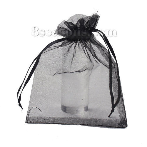 Picture of Wedding Gift Organza Jewelry Bags Drawstring Rectangle Black (Usable Space: 14.5x11.5cm) 15cm(5 7/8") x 12cm(4 6/8"), 30 PCs