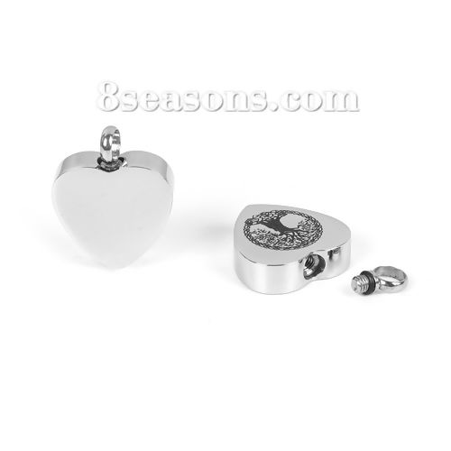 Picture of 304 Stainless Steel Cremation Ash Urn Charms Heart Tree Silver Tone Blank Stamping Tags One Side 25mm x 20mm, 1 Piece
