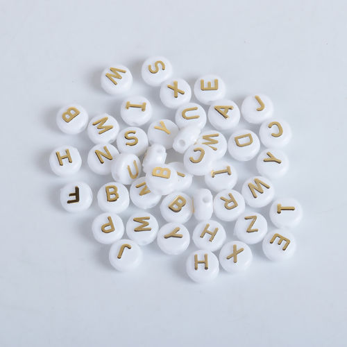 Picture of Acrylic Beads Round White & Gold At Random Initial Alphabet/ Letter Pattern About 10mm Dia, Hole: Approx 2.1mm, 200 PCs