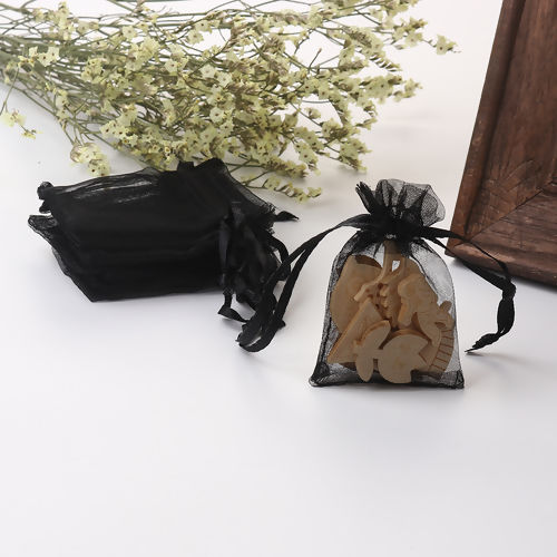Picture of Wedding Gift Organza Jewelry Bags Drawstring Rectangle Black (Usable Space: 5.5x5cm) 7cm(2 6/8") x 5cm(2"), 50 PCs