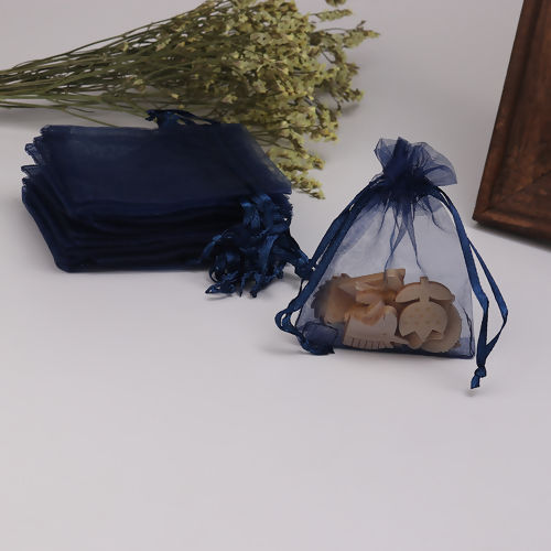 Immagine di Regalo di Matrimonio Sacchetti dei Monili del Organza Disegnabile Rettangolo Blu Scuro (Spazio utilizzabile: 7x7cm ) 9cm x 7cm, 50 Pz