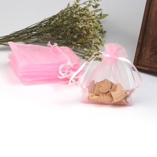 Picture of Wedding Gift Organza Jewelry Bags Drawstring Rectangle Pink (Usable Space: 7x7cm) 9cm(3 4/8") x 7cm(2 6/8"), 50 PCs