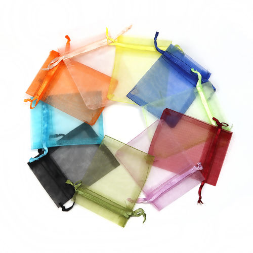 Picture of Wedding Gift Organza Jewelry Bags Drawstring Rectangle At Random (Usable Space: 7x7cm) 9cm(3 4/8") x 7cm(2 6/8"), 50 PCs