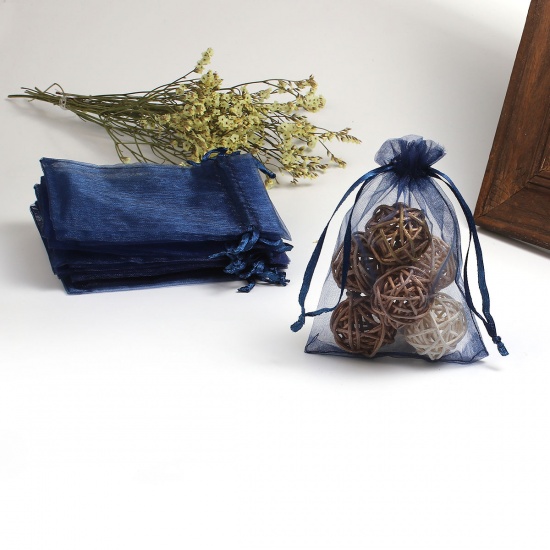 Image de Cadeau de Mariage Sachets en Organza Rectangle Bleu Marine (Espace Utilisable: 9.5x9cm) 12cm x 9cm, 50 Pcs