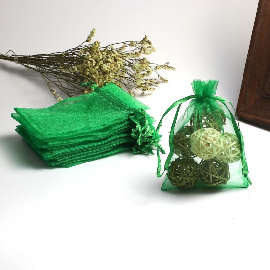 Image de Cadeau de Mariage Sachets en Organza Rectangle Vert Foncé (Espace Utilisable: 9.5x9cm) 12cm x 9cm, 50 Pcs