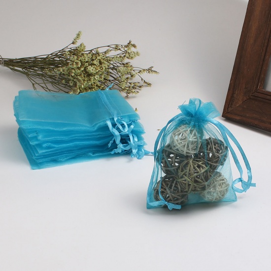 Picture of Wedding Gift Organza Jewelry Bags Drawstring Rectangle Lake Blue (Usable Space: 9.5x9cm) 12cm(4 6/8") x 9cm(3 4/8"), 50 PCs