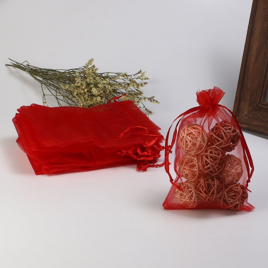 結婚祝い ギフト オーガンジー袋 巾着袋 アクセサリーバック ラッピング  描画可能 長方形 赤 （使用可能なスペース: 13x10cm ) 15cm x 10cm、 20 個 の画像