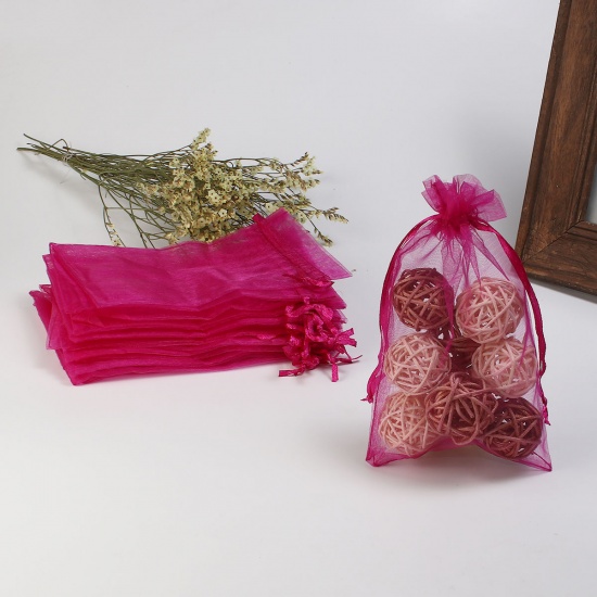 結婚祝い ギフト オーガンジー袋 巾着袋 アクセサリーバック ラッピング  描画可能 長方形 殷紅 （使用可能なスペース: 13x10cm ) 15cm x 10cm、 20 個 の画像