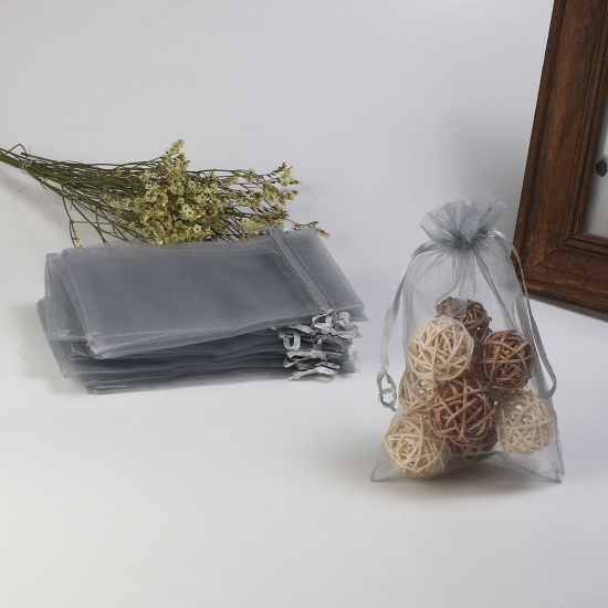 結婚祝い ギフト オーガンジー袋 巾着袋 アクセサリーバック ラッピング  描画可能 長方形 グレー （使用可能なスペース: 13x10cm ) 15cm x 10cm、 20 個 の画像