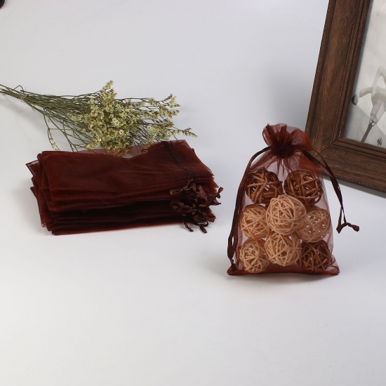 結婚祝い ギフト オーガンジー袋 巾着袋 アクセサリーバック ラッピング  描画可能 長方形 コーヒー色 （使用可能なスペース: 13x10cm ) 15cm x 10cm、 20 個 の画像