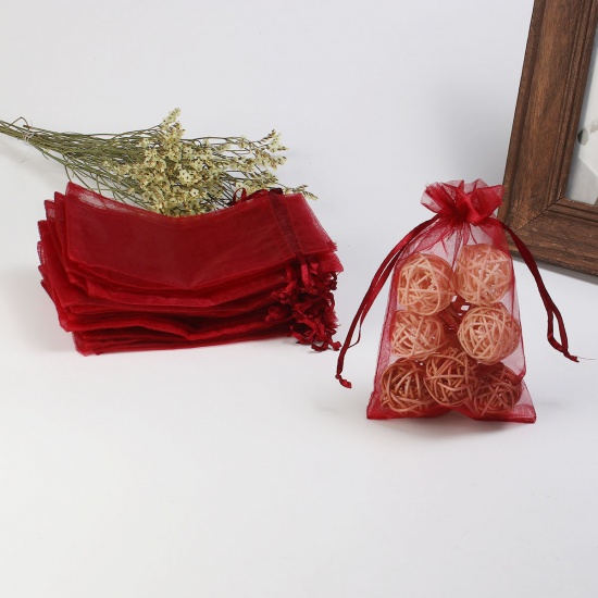 結婚祝い ギフト オーガンジー袋 巾着袋 アクセサリーバック ラッピング  描画可能 長方形 赤ワイン色 （使用可能なスペース: 13x10cm ) 15cm x 10cm、 20 個 の画像