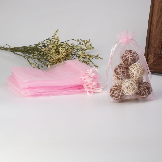 結婚祝い ギフト オーガンジー袋 巾着袋 アクセサリーバック ラッピング  描画可能 長方形 ピンク （使用可能なスペース: 13x10cm ) 15cm x 10cm、 20 個 の画像