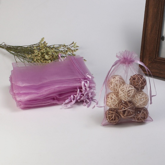 Picture of Wedding Gift Organza Jewelry Bags Drawstring Rectangle Mauve (Usable Space: 13x10cm) 15cm(5 7/8") x 10cm(3 7/8"), 20 PCs