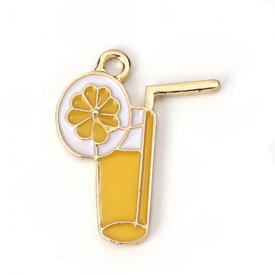 Picture of Zinc Based Alloy Charms Cup Gold Plated Yellow Lemon Slice Enamel 23mm x 20mm, 5 PCs