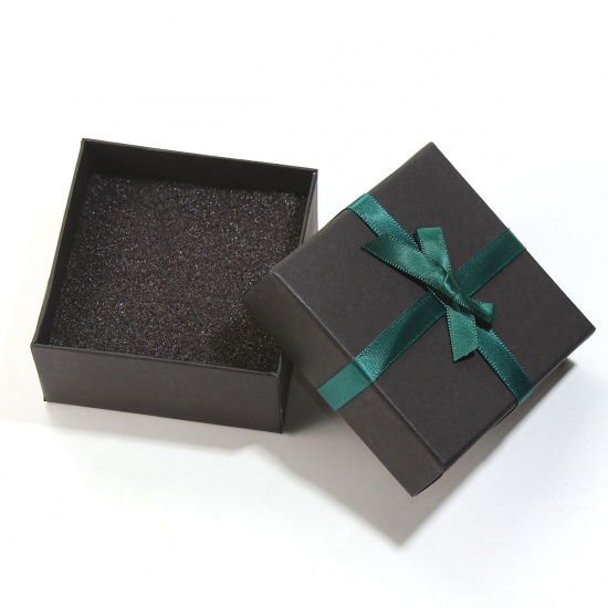 Picture of Paper Jewelry Bracelets Gift Boxes Square Black & Green Bowknot Pattern 9.1cm(3 5/8") x 9.1cm(3 5/8") , 2 PCs