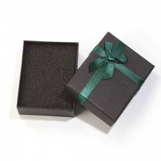 Picture of Paper Jewelry Necklace Gift Boxes Rectangle Black & Green Bowknot Pattern 9.2cm(3 5/8") x 7.2cm(2 7/8") , 2 PCs